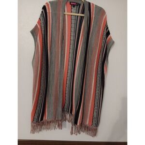 SayWhat? Sz.M Boho Cardigan Sleeveless Multi-Color Striped  Open Front Fringed